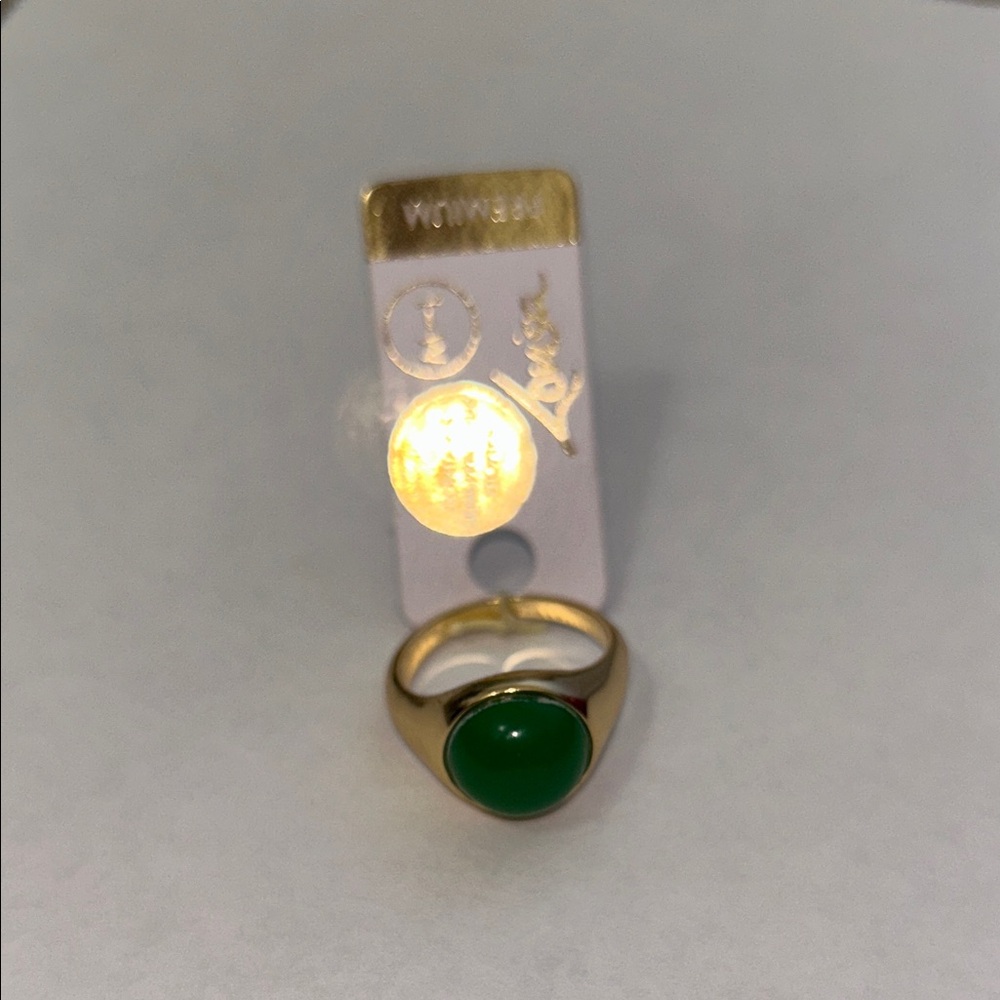 Gold Tone Women's Ring with Green Cabochon Stone